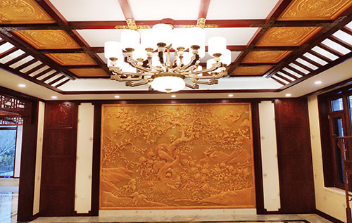 温岭中式别墅客厅中式木作横梁吊顶装饰展示